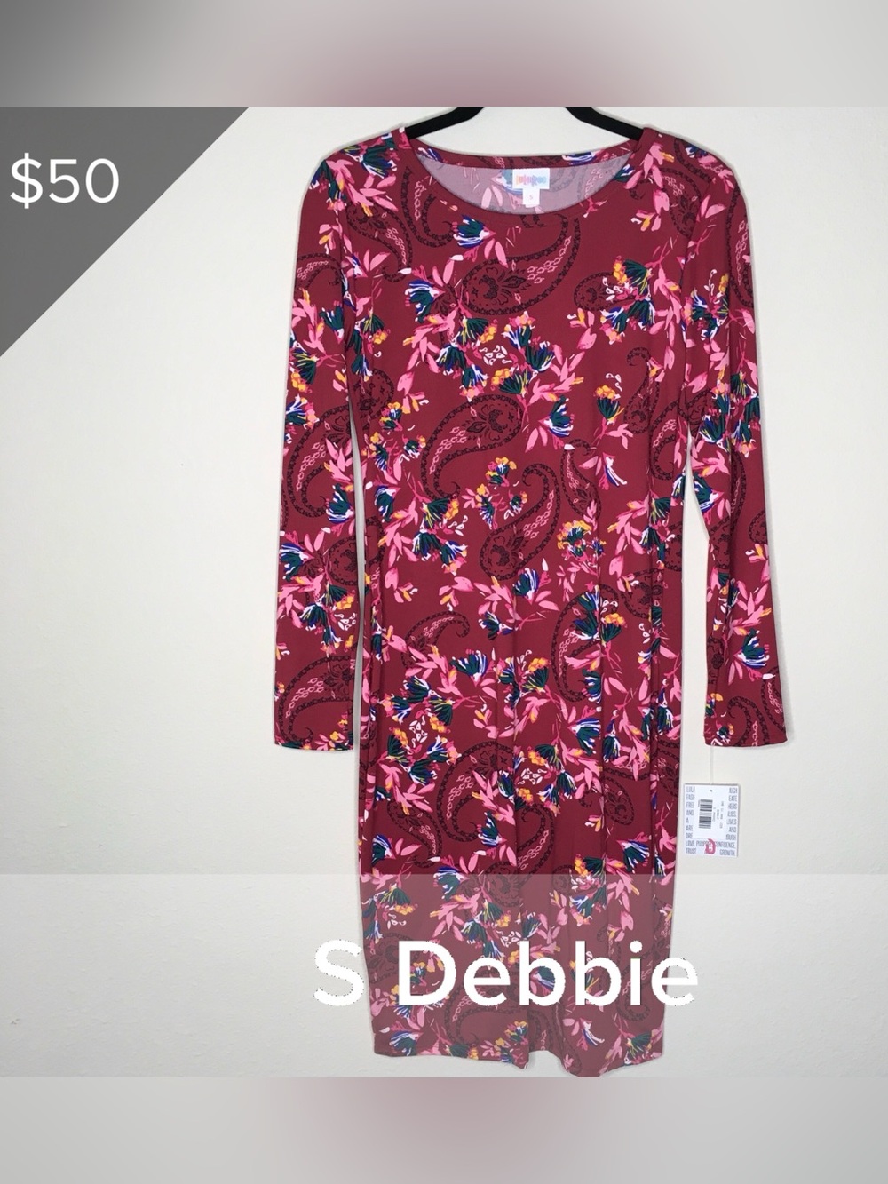 LuLaRoe Debbie Burgundy Floral Paisley Long Sleeve Dress with Pink Accents S